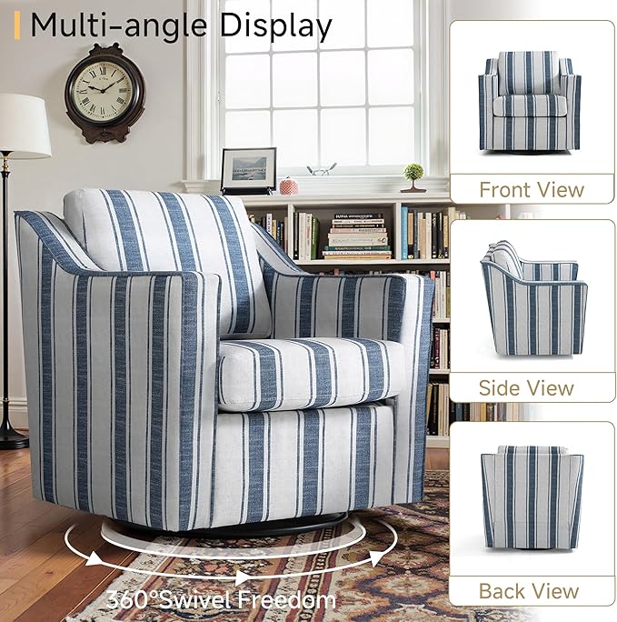 Pia Ricco 360° Swivel Accent Chair, Oversized Modern Striped Fabric Armchair with Removable Cover for Living Room and Reception,Navy