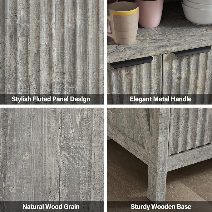 Buffet Cabinet with Storage - Modern Farmhouse Rustic 32 Fluted Sideboard Storage Cabinet Buffet with Adjustable Shelves, Coffee Wine Bar Organizer for Dining Room (Grey)