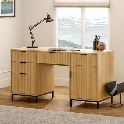 Fluted Executive Desk with File Drawer, 55" Large Computer Desk with Storage and Charging Station, Modern Wooden Home Office Desk for Workspace, Writing, Study, Nautral Oak