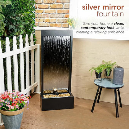 Alpine Corporation - Mirror Waterfall Fountain with Stones & Lights - Zen Indoor/Outdoor Decor for Office, Living Room, Patio, Entryway - 48 Inches (Silver)