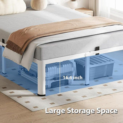 18 Inch King Size White Bed Frame, 3500Lbs Heavy Duty Metal Platform with Round Corner Legs Mattress Slide Stopper, Steel Slat Support No Box Spring Needed, Noise Free, Non-Slip, Easy Assembly