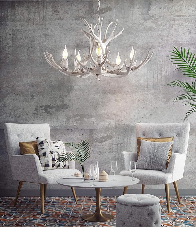 JONATHAN Y JYL6300B Eldora 30" Adjustable Resin Antler 5-Light LED Chandelier, Glam, Rustic,Cottage,Transitional, Dimmable Dining Room, Living Room, Kitchen, Foyer, Bedroom, White