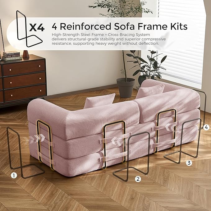 79" Convertible Sofa Bed with Fixed-Shape Frame & Removable Armrests, Modular Corduroy Sleeper Sofa, Folding Mattress Couch for Small Spaces - No Assembly Needed in Pink (Includes 2 Pillows)