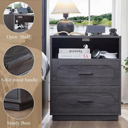 Night Stand Set of 2 with Charging Station, 25.8" Tall Wide Wood End Table with 2 Storage Drawers and Open Shelf, Mid Century Modern Bedside Table for Bedroom, Living Room, Gray
