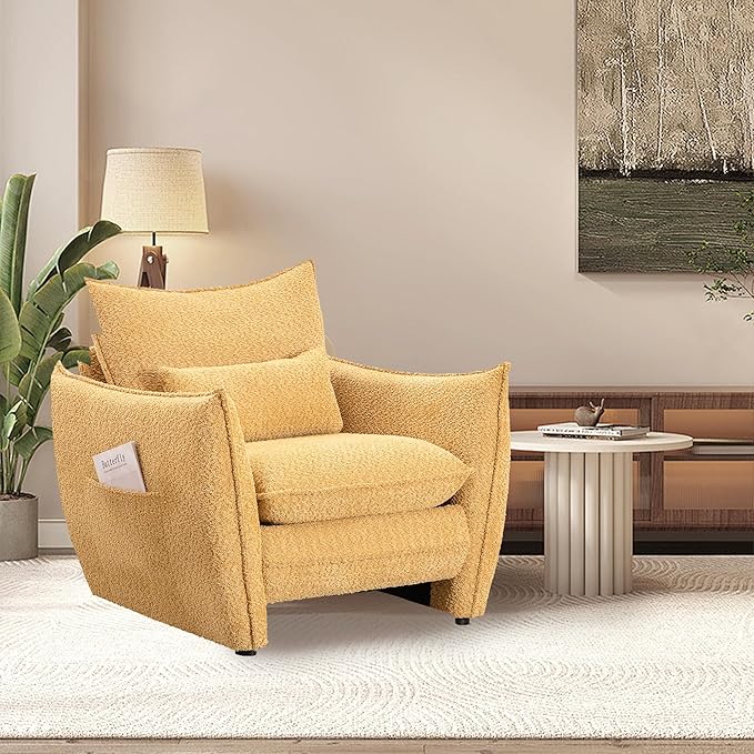 Chenille Oversized Accent Chairs Set of 2, Modern Oversized Armchair with Removable Pillow, Comfy Living Room Chair with Side Pocket Storage for Bedroom, Office, Yellow