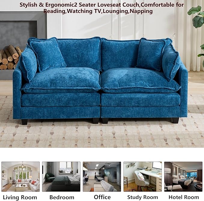 Aoowow Modular Sectional 2 Seater Cloud Sofa Couch for Living Room,78" Loveseat Couch with Deep Seat,Modern Chenille 2 Seat Sofas,Fluffy Small Couches for Bedroom,Small Spaces (Blue, 2 Seater)