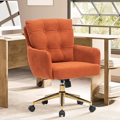 Velvet Office Chair, Comfy Home Office Desk Chairs with Lumbar Support, Modern Velvet Desk Chair Gold Legs Small Swivel Task Chair for Home Office, Bedroom, Study (Orange, L)