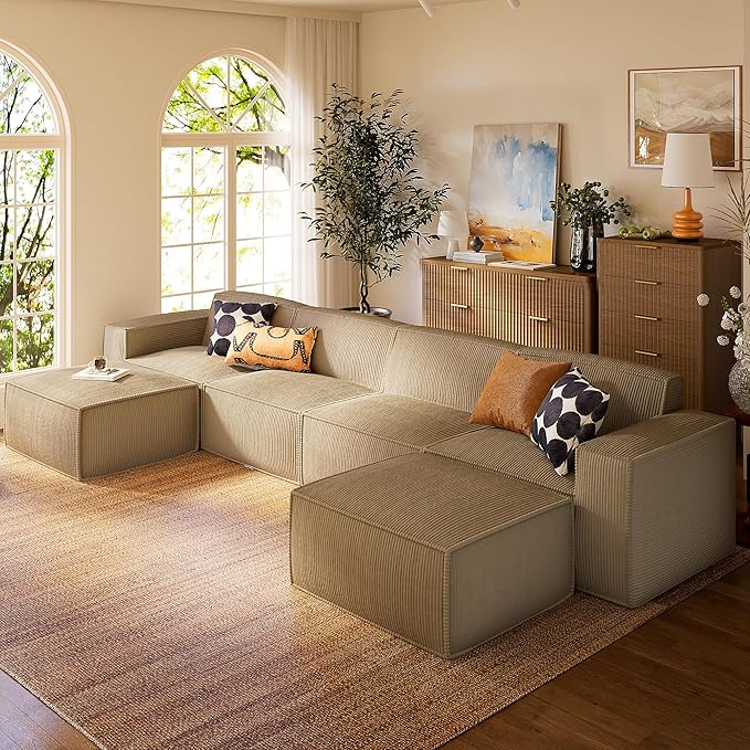 Marsail Modular Sectional Sofa, 142" U-Shaped Modular Sectional Couch with Deep Seat, Freely Combinable Sectional Cloud Sofa for Living Room, No Assembly, Plush Corduroy Fabric, Beige