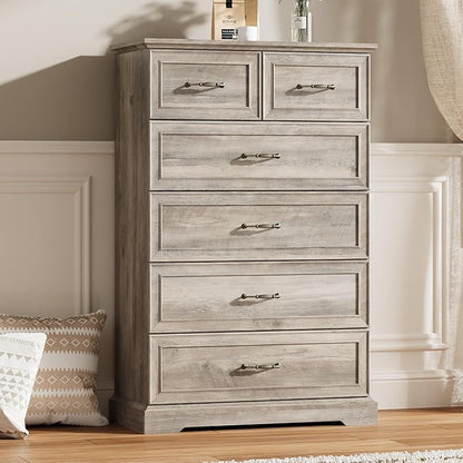 6 Drawer Dresser for Bedroom, 49" Tall Wooden Chest of Drawers, Rustic Farmhouse Dresser with Large Drawers & Metal Handles, Modern Storage Organizer for Closet, Living Room, Hallway, Grey