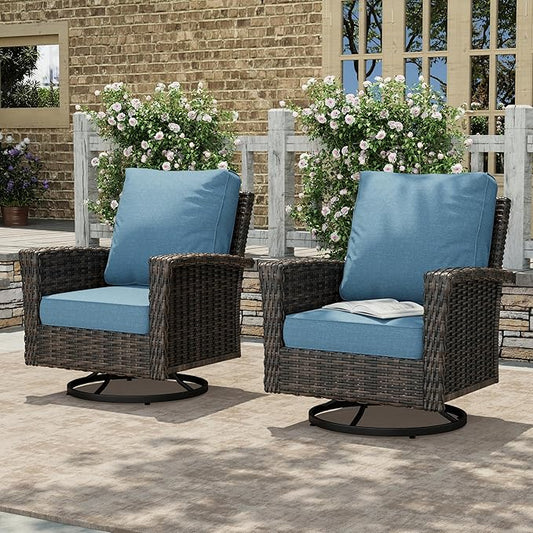 HERA'S HOUSE Outdoor Wicker Swivel Chairs with 5.5" Thick Cushions, 35" High Back Patio Chairs Set of 2, Deck Balcony Backyard Furniture, Navy Blue