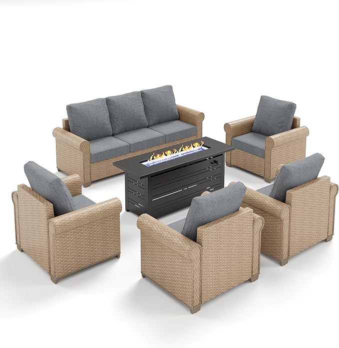 Patio Furniture Set 6 pcs, Wicker Outdoor Patio Furniture, 3-Seat Sofa, 4 Single Chairs and 56" Gas Fire Pit Table, Rattan Patio Conversation Set for Backyard Deck, Grey