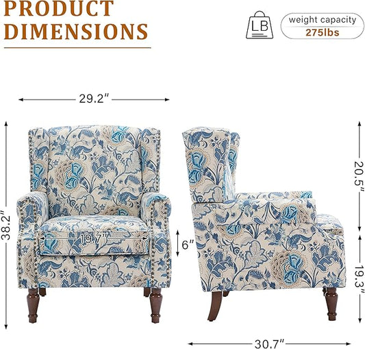 Floral Wingback Accent Chair, High Back Upholstered Armchair, Comfy Fabric Wingback Arms Chairs with Retro Solid Wood Legs, Single Sofa Reading Chair for Bedroom Living Room, Boho Blue