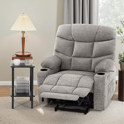 MCombo Oversized Power Lift Recliner Chair with Extended Footrest for Elderly People, Fabric R7289 (Light Grey, Medium-Oversize)