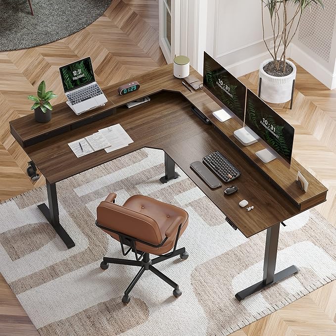 FEZIBO 75", 265lbs Load Capacity, L Shaped Standing Desk with Drawers, Reversible Electric Standing Gaming Desk Adjustable Height, Corner Stand up Desk with Splice Board, Black Frame/Black Walnut Top