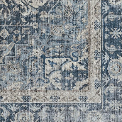 RUGGABLE Washable Vintage Area Rug – Kamran Admiral Blue 9x12, Stain-Resistant, Non-Slip – Large Machine Washable Rugs for Living Room, Bedroom, Hallway, Entryway & Office–with Standard Pad