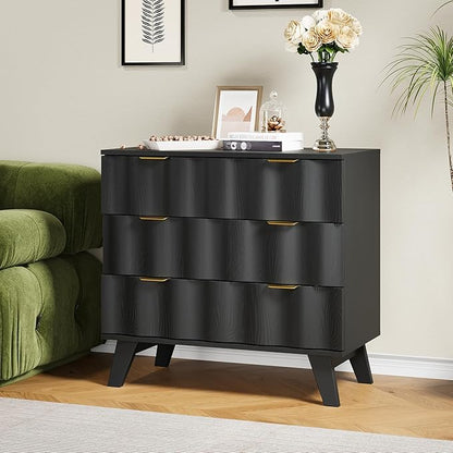 3 Drawer Dresser, Fluted Chest of Drawers with Handles for Closet, Large Nightstand with 3 Drawers Accent Cabinet for Bedroom, Living Room, Hallway (Black)