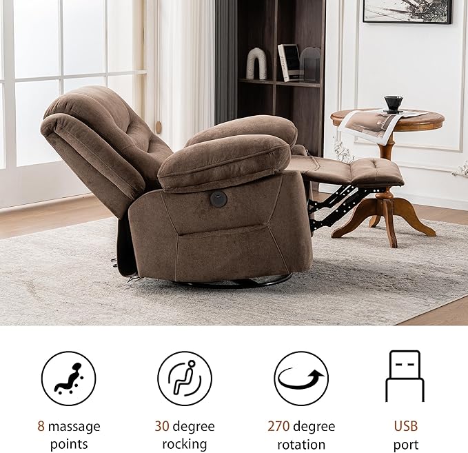 Power Swivel Rocker Recliner with Massage and Heat, USB Port, Infinite Position, Oversized Electric Glider Rocking Chairs Living Room, Soft Fabric Reclining Sofa Chair(Mocha)