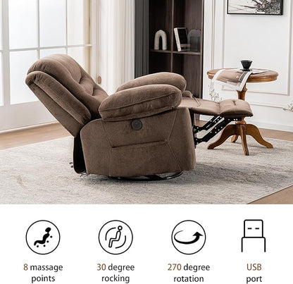 Power Swivel Rocker Recliner with Massage and Heat, USB Port, Infinite Position, Oversized Electric Glider Rocking Chairs Living Room, Soft Fabric Reclining Sofa Chair(Mocha)
