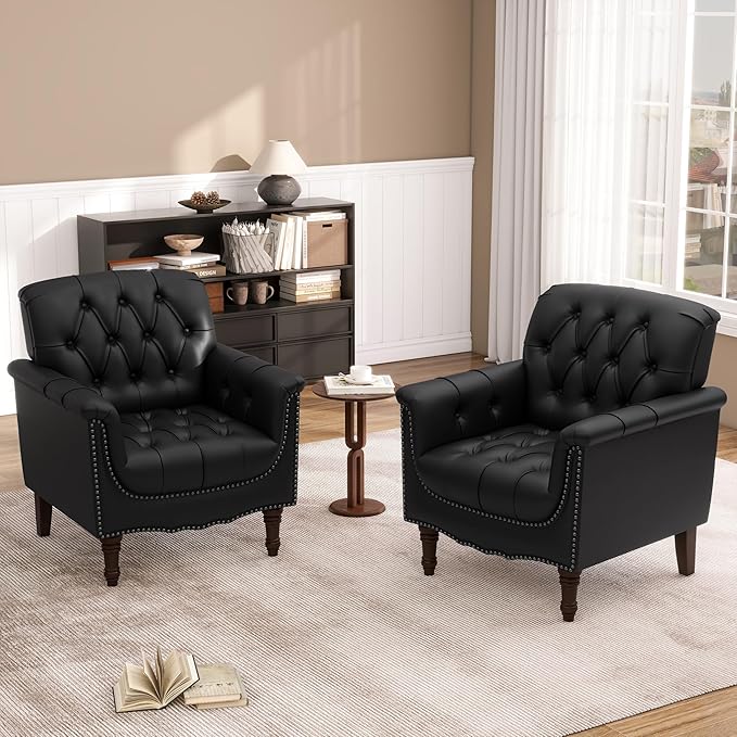 Faux Leather Accent Chairs Set of 4, Upholstered Armchairs with Nailhead Trims & Wood Legs for Living Room, Bedroom, Contemporary Comfy Club Chairs for Office-Black