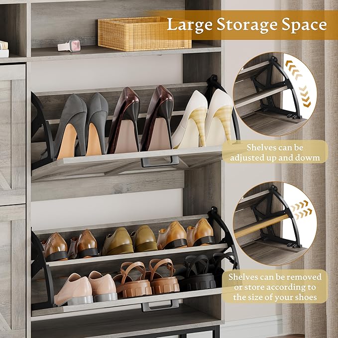 Shoe Cabinet Storage for Entryway, Shoe Storage Cabinet with 4 Flip Drawers, Freestanding Narrow Shoe Rack Organizer with Metal Legs, Adjustable Shelves & Open Storage for Foyer, Hallway, Grey