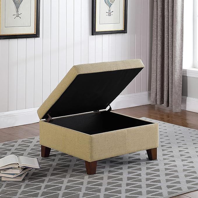 HomePop Woven Square Storage Ottoman with Wood Legs, Tan