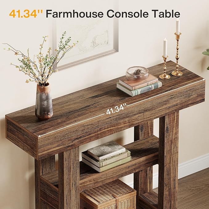 Tribesigns 41.34-Inch Farmhouse Console Table, 2-Tier Narrow Sofa Table Behind The Couch, Entryway Furniture with Storage Shelves for Hallway Foyer Living Room, Rustic Brown
