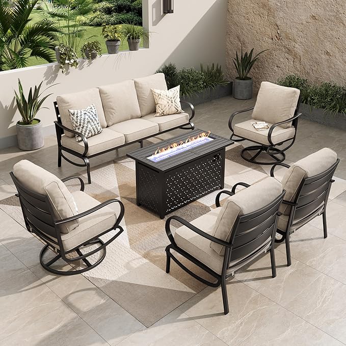 PHI VILLA Patio Conversation Set with Fire Pit, 7 Seat with 45" Firepit Table, Swivel & Fixed, Beige