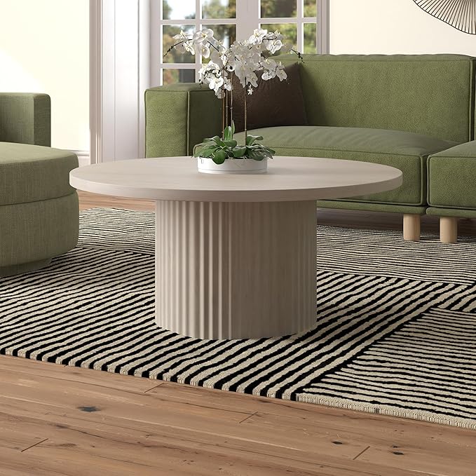 Henn&Hart 32" Fluted Round Wood Pedestal Low-Profile Coffee Table for Living Room, Family Room, Office, or Apartment, Alder White