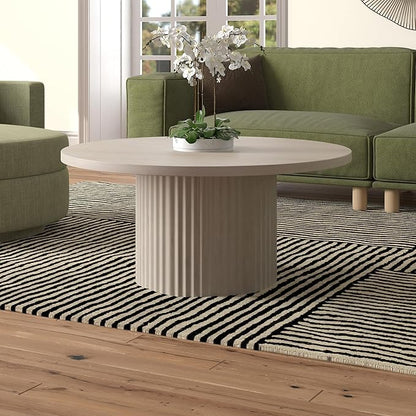 Henn&Hart 32" Fluted Round Wood Pedestal Low-Profile Coffee Table for Living Room, Family Room, Office, or Apartment, Alder White