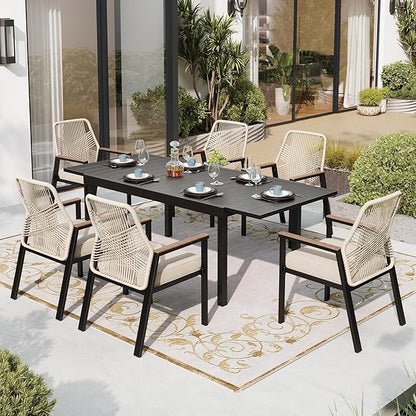 Patio Dining Chairs Set of 6, Heavy-Duty Woven Rope Outdoor Chairs with Waterproof Cushion and Wrought Iron Frame, All-Weather Outside Seating for Kitchen Garden Deck Backyard