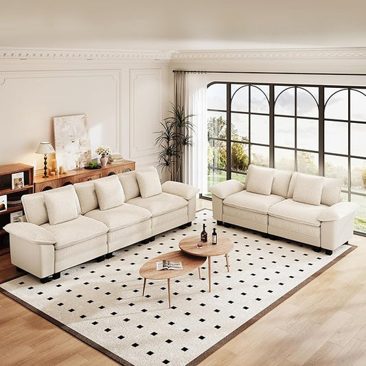 PHI VILLA Cloud Modular Couches Sets, 2 Pieces Sectional Sofa Set with Loveseat, 5-Seater Upholstered Couch for Living Room Small Spaces, Chenille Corduroy Dual Fabric, Beige