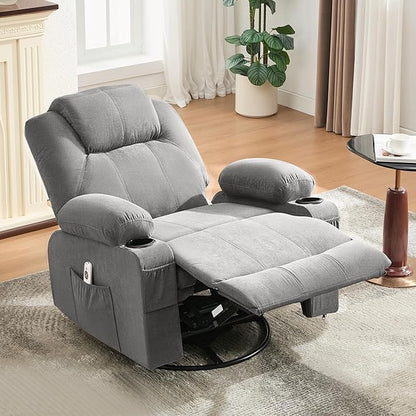 Oversized Swivel Rocker Recliner Sofa Chair with Heat and Massage, Large Big Recliner for Living Room, 360 Degree Swivel Rocking Single Sofa with Cup Holders and USB Port(Fabric, Cloud Grey)