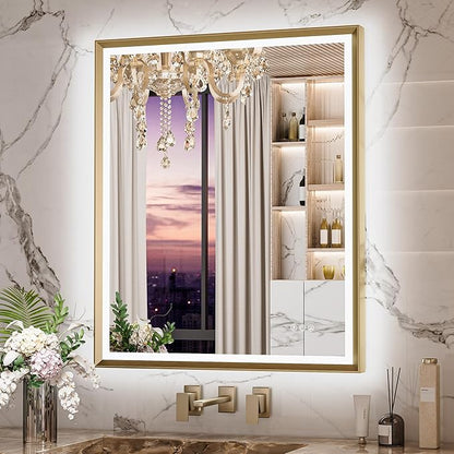 Keonjinn 30 x 36 Inch Gold LED Mirror for Bathroom, Frontlit & Backlit Framed Mirror with Stepless Dimmable Tricolors, Anti-Fog, UL-Listed LED Driver, Brighter and No Dark Corner