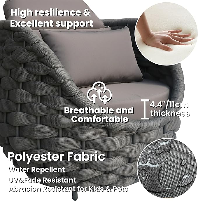 Front Porch Furniture Set 3 Piece: Aluminum Woven Rope Patio Conversation Sofa Set for 2 - Assembled Outdoor Couch Armchair Set Cushions - for 400lb Deck Balcony Pool Yard Hotel - Dark Gray