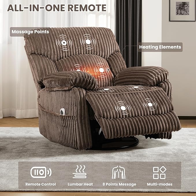 Power Swivel Rocker Recliner Chair with Massage and Heat for Adults, Electric Infinite Position Recliner with USB Charging Port, Corduroy and PU Leather Mixed Fabric, Easy Assembly (Brown)