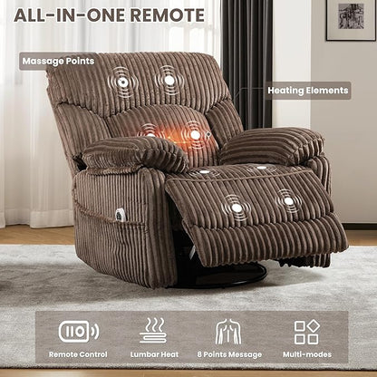 Power Swivel Rocker Recliner Chair with Massage and Heat for Adults, Electric Infinite Position Recliner with USB Charging Port, Corduroy and PU Leather Mixed Fabric, Easy Assembly (Brown)