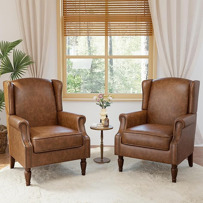 Lumibee Accent Chairs, Faux Leather High Back Armchair setof 2 or Living Room, Comfy Upholstered Single Sofa Reading Chairs with Solid Wood Legs for Office, Bedroom, Waiting Room-Leather Brown