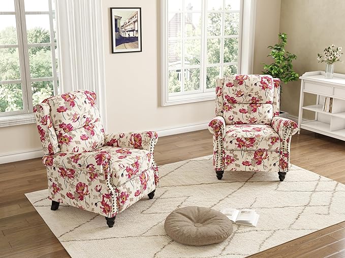 Pushback Recliner Chairs Set of 2, Upholstered Armchair Wingback Recliner Chair, Floral Fabric Push Back Recliner with Wood Legs, Rivet Trim Single Sofa Accent Chair for Living Room, Pattern White