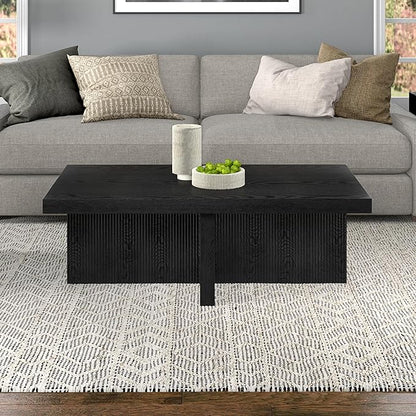 Henn&Hart 44" Fluted Rectangular Wood Pedestal Low-Profile Coffee Table for Living Room, Family Room or Office, Black Grain