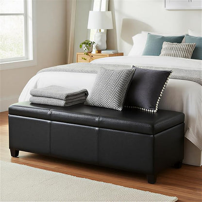 SIMPLIHOME Avalon Storage Ottoman Bench - 48 inch Wide Upholstered Solid Wood Rectangular Ottoman in Carbon Black, Contemporary Storage Bench for Bedroom or Living Room with Lift-Top Lid