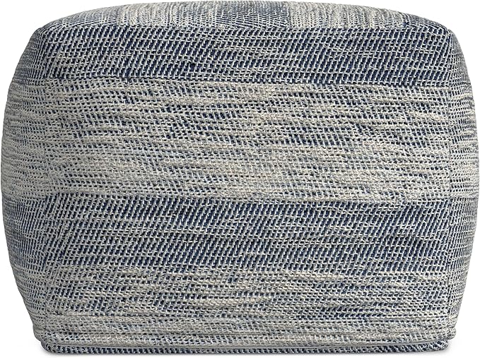 SIMPLIHOME Clay Boho Square Pouf in Patterened Teal Melange Cotton for the Living Room, Bedroom and Kids Room