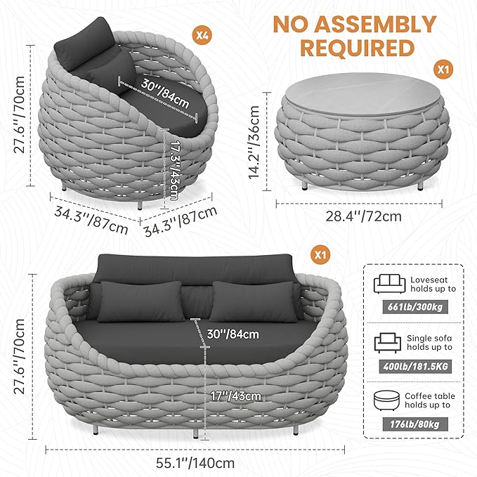 Aluminum Outdoor Patio Furniture Set: 6 Pieces Porch Rope Conversation Sofa Set - Modern Woven Deck Couch Set Cushioned - No Assembly All Weather Seating for 660lbs Yard Garden Lanai Hotel Pool