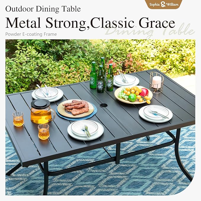 Sophia & William 7 Pieces Patio Dining Set with Rectangle Metal Table of 1.57"-1.9" Umbrella Hole and 6 Armchairs with Seat Cushions, Outdoor Conversation Furniture for Porch Backyard Balcony Deck