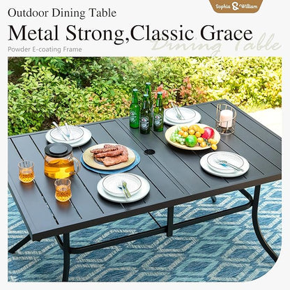 Sophia & William 7 Pieces Patio Dining Set with Rectangle Metal Table of 1.57"-1.9" Umbrella Hole and 6 Armchairs with Seat Cushions, Outdoor Conversation Furniture for Porch Backyard Balcony Deck