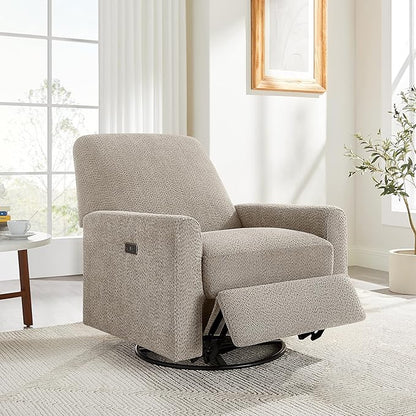 VANOMi Power Swivel Glider Recliner Chair, Electric Nursery Rocker Recliner Chair, USB & Type-C Charger, Warm Camel Boucle