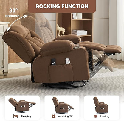 Power Swivel Rocker Recliner Chair with Heat and Massage, USB and Type-C Charging Port, Electric Glider Rocking Chairs, Oversized Recliner Chairs for Adults(Fabric, Brown)