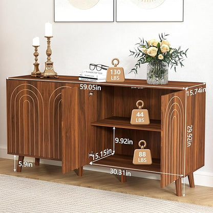 59" Buffet Cabinet with Storage, Modern Accent Sideboard Storage Cabinet with 4 Doors & Carving Lines, Wooden Coffee Bar Table Console for Living Room Kitchen Office and Hallway (Walnut)