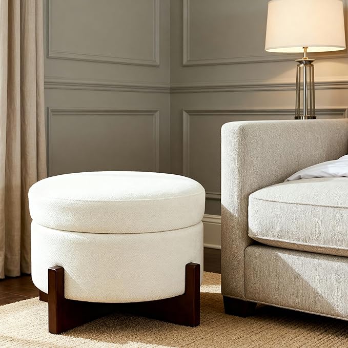 modscape 24-Inch Large Round Chenille Storage Ottoman Coffee Table Upholstered Velent Ottoman Table for Living Room Soft Tufted Circle Boucle Ottoman with Lift-Off Lid X-Base (Ivory, 24in-X-Base)