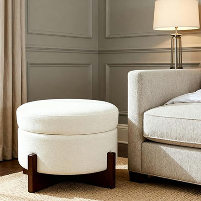 modscape 24-Inch Large Round Chenille Storage Ottoman Coffee Table Upholstered Velent Ottoman Table for Living Room Soft Tufted Circle Boucle Ottoman with Lift-Off Lid X-Base (Ivory, 24in-X-Base)