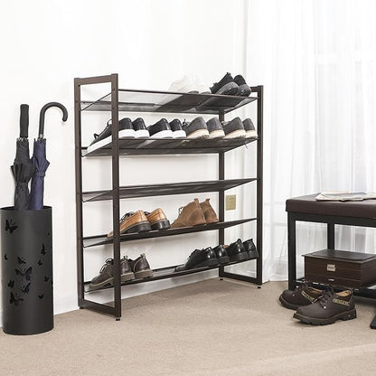 SONGMICS Shoe Rack, 5-Tier Shoe Organizer, Metal Shoe Storage for Garage, Stackable Shoe Shelf, with Adjustable Flat or Angled Shelves, 20-25 Pairs, Bronze ULMR05A